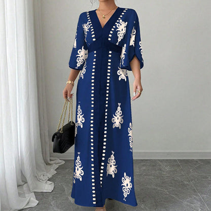 Women's Elegant V-Neck Print Maxi Dress