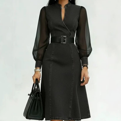 👗Slim Fit Stand Collar Denim Midi Dress– Elegant Everyday Chic✨