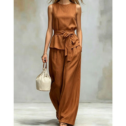 ⌛Limited-time offer-Sleeveless Wide-Leg Pants Set with Belt