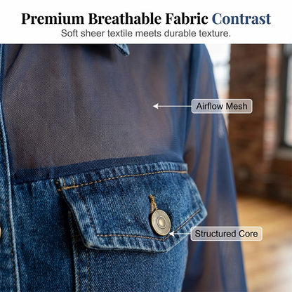 👕Women's Mesh Patchwork Denim Top– Elegant Tailored Waist Chic Top✨