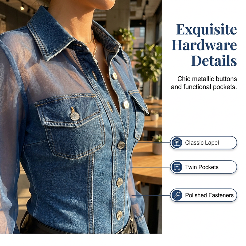 👕Women's Mesh Patchwork Denim Top– Elegant Tailored Waist Chic Top✨