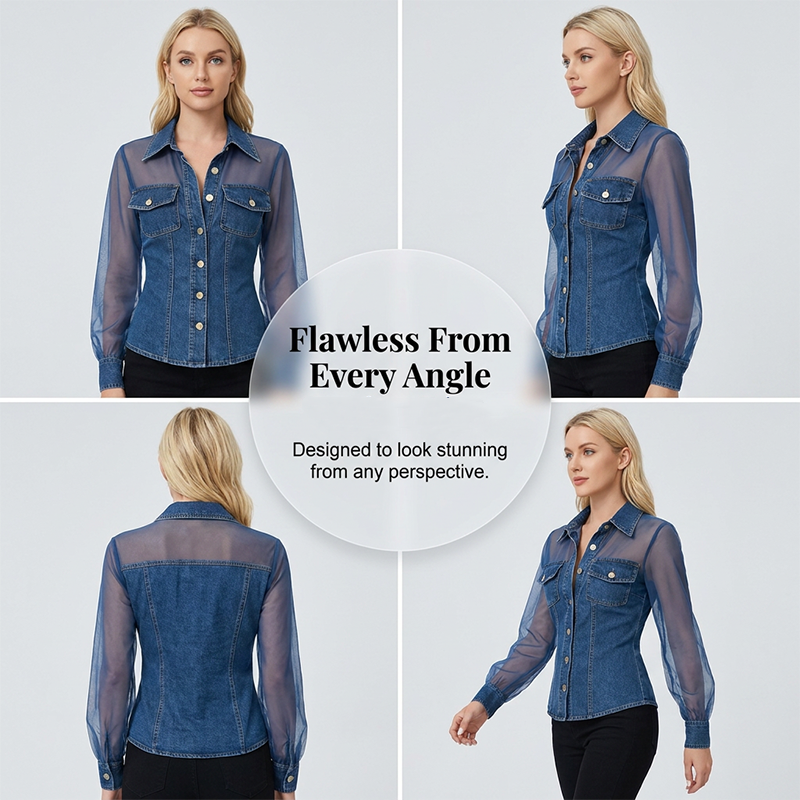 👕Women's Mesh Patchwork Denim Top– Elegant Tailored Waist Chic Top✨