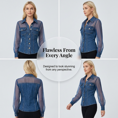 👕Women's Mesh Patchwork Denim Top– Elegant Tailored Waist Chic Top✨