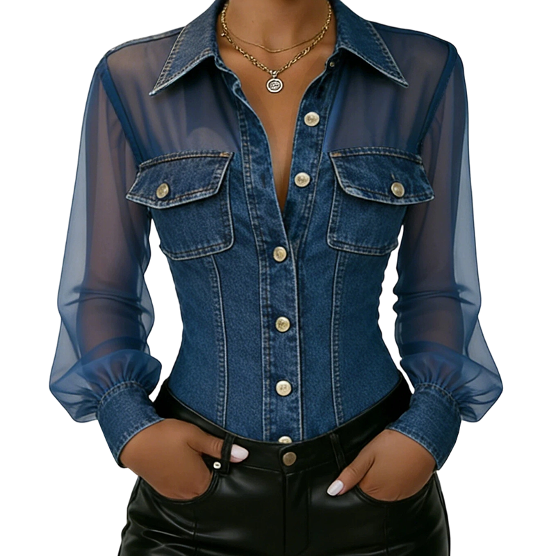 👕Women's Mesh Patchwork Denim Top– Elegant Tailored Waist Chic Top✨