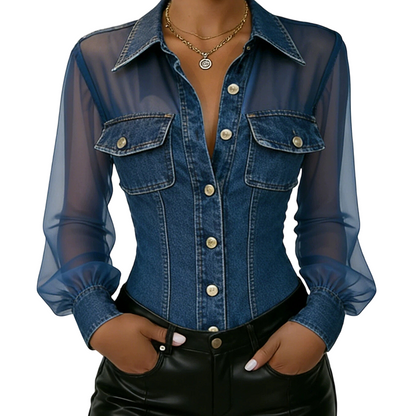 👕Women's Mesh Patchwork Denim Top– Elegant Tailored Waist Chic Top✨
