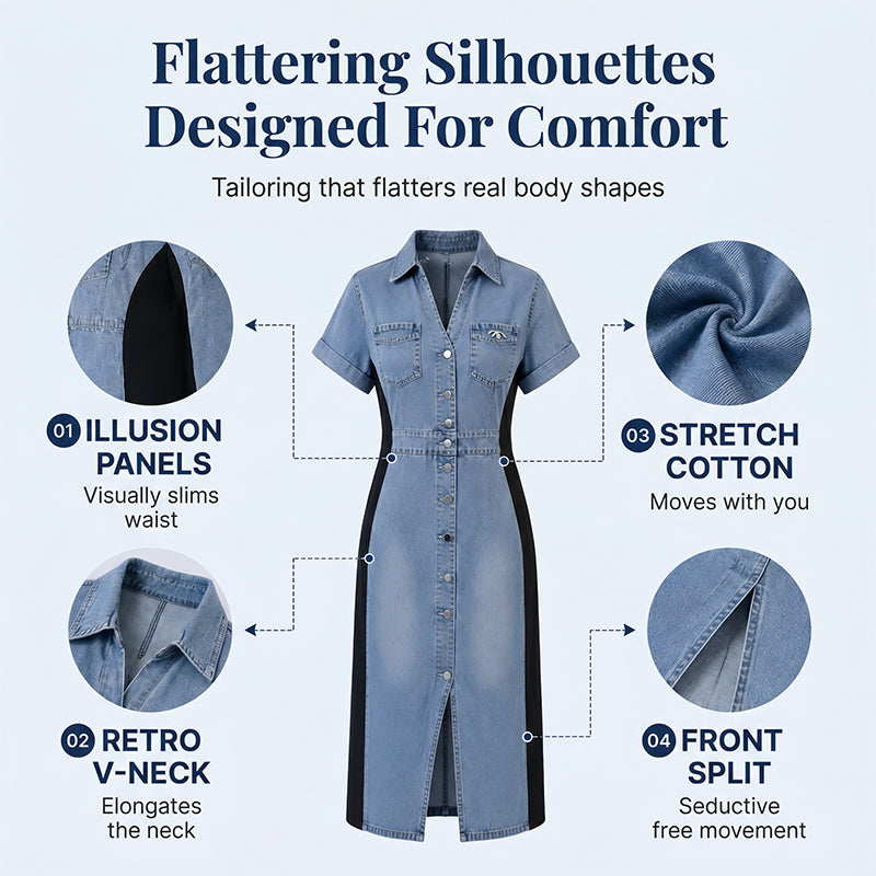 Denim Dress Slimming Contrast Color Midi Dress