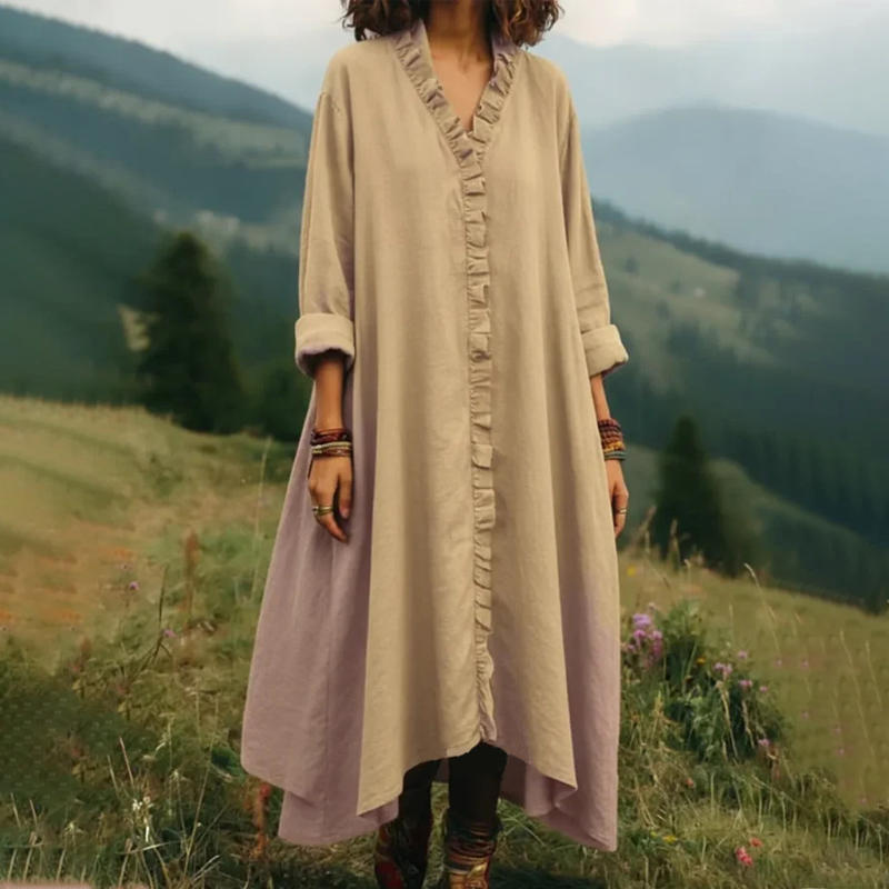 ⌛Limited-time offer-V-Neck Ruffle Trim Loose Maxi Dress