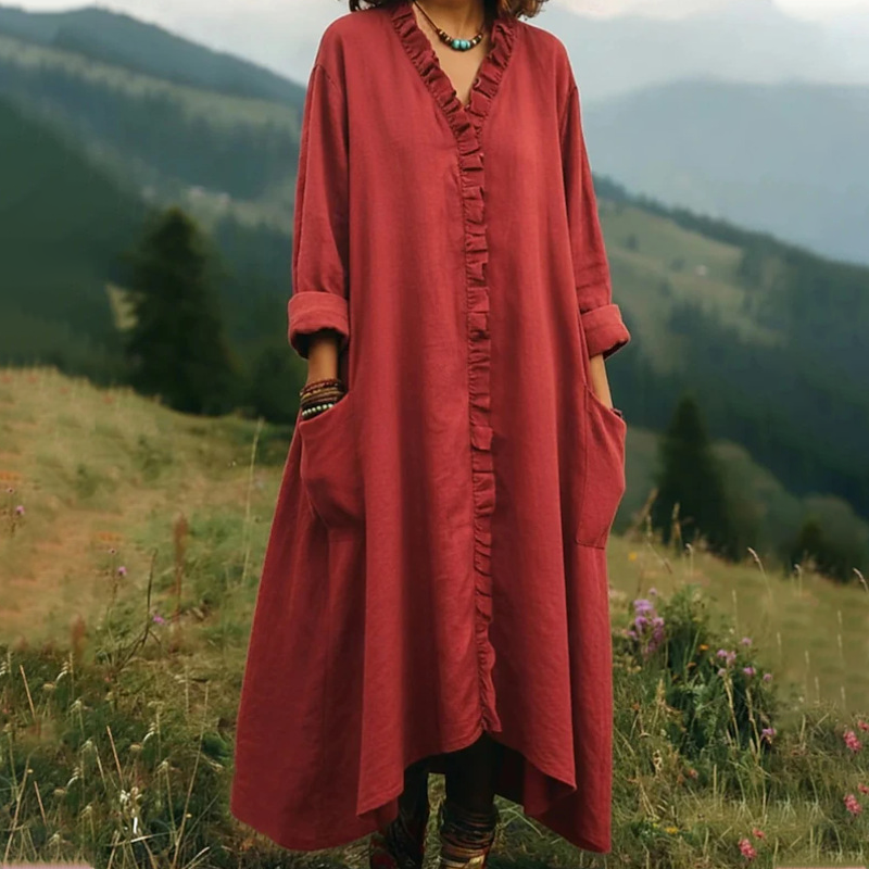 ⌛Limited-time offer-V-Neck Ruffle Trim Loose Maxi Dress