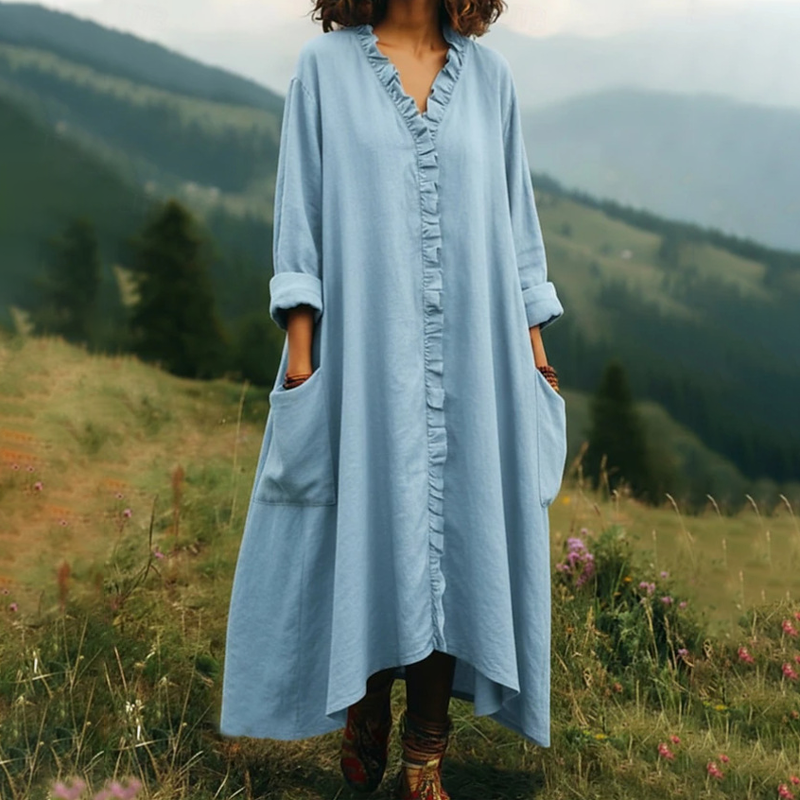 ⌛Limited-time offer-V-Neck Ruffle Trim Loose Maxi Dress