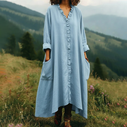 ⌛Limited-time offer-V-Neck Ruffle Trim Loose Maxi Dress