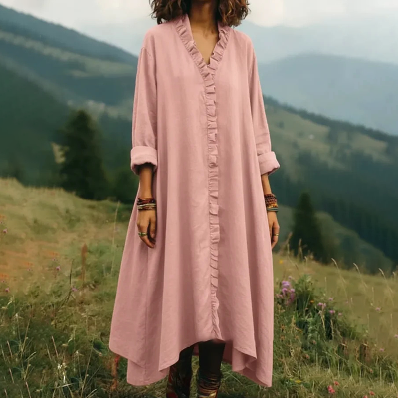 ⌛Limited-time offer-V-Neck Ruffle Trim Loose Maxi Dress