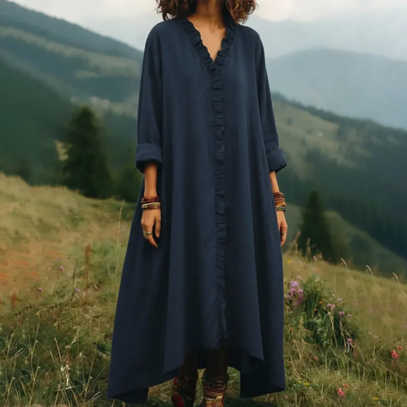 ⌛Limited-time offer-V-Neck Ruffle Trim Loose Maxi Dress