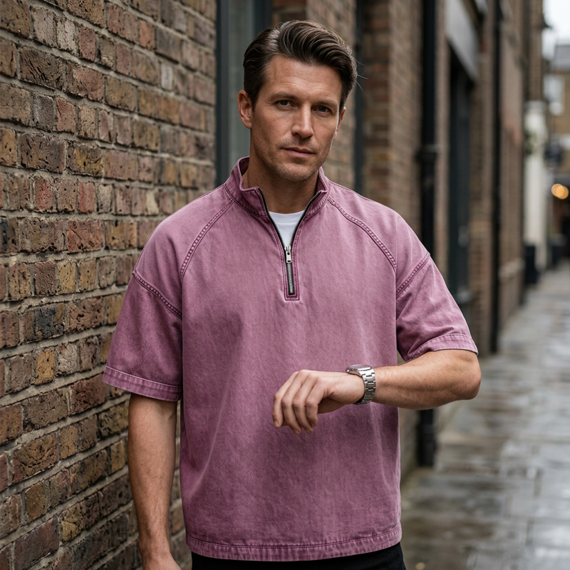 Men's Vintage Denim Half-Zip T-Shirt