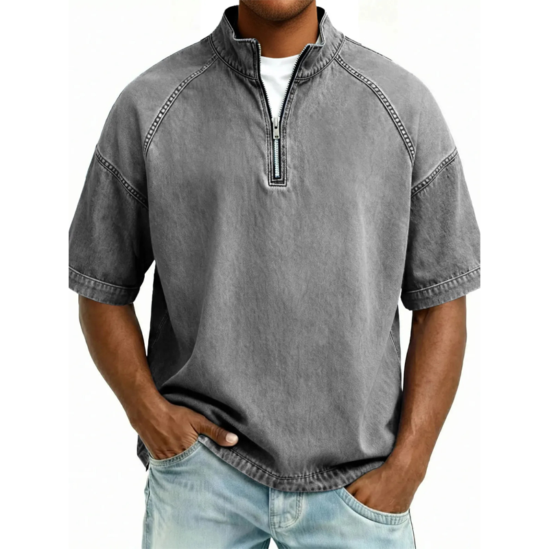 Men's Vintage Denim Half-Zip T-Shirt