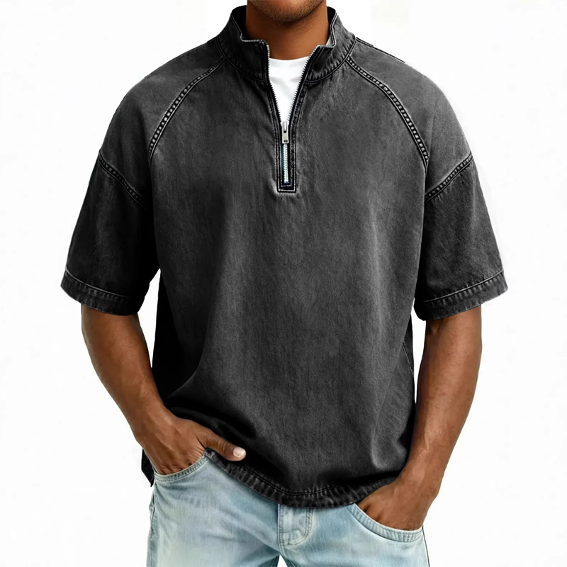 Men's Vintage Denim Half-Zip T-Shirt