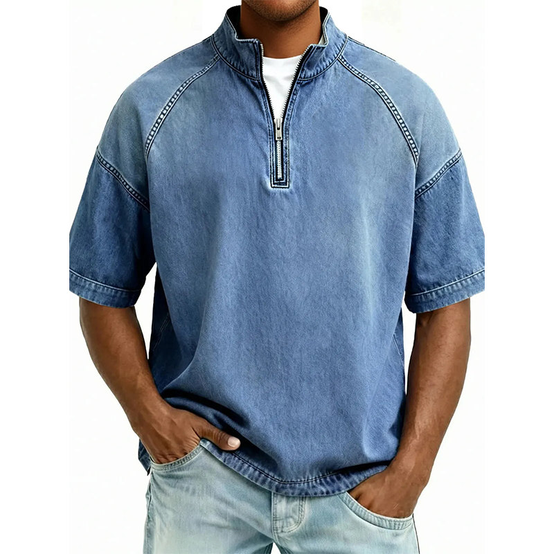 Men's Vintage Denim Half-Zip T-Shirt