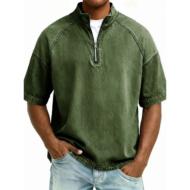 Men's Vintage Denim Half-Zip T-Shirt