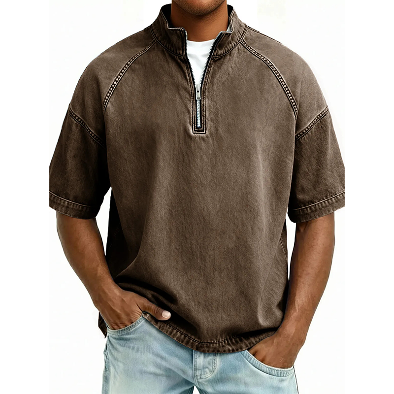 Men's Vintage Denim Half-Zip T-Shirt