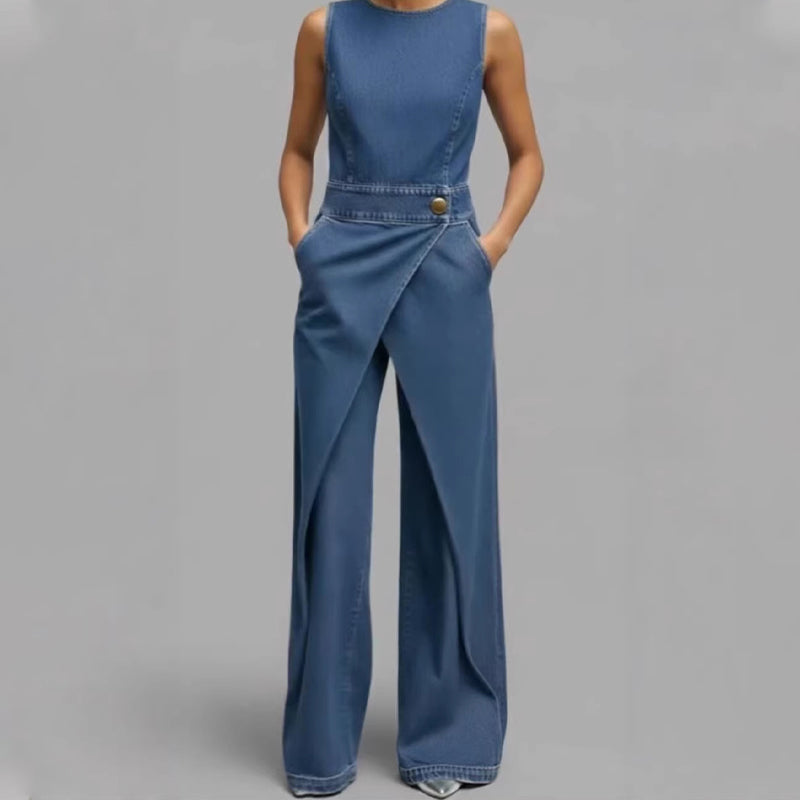⌛Limited-time offer-Women's Sleeveless Asymmetric Wrap Denim Jumpsuit