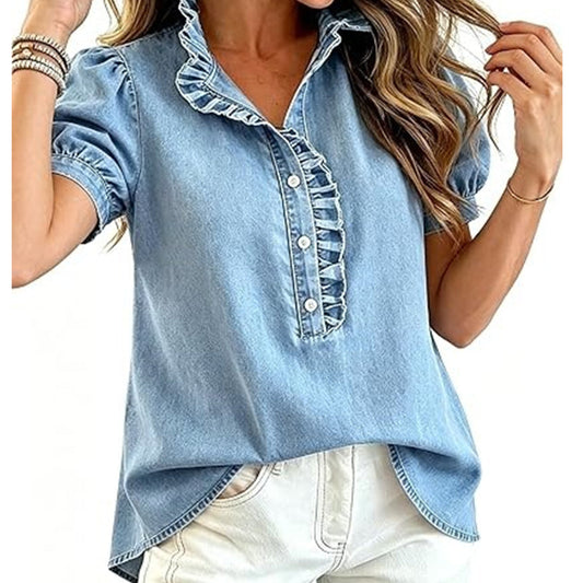 Women's Ruffle Collar Denim Top