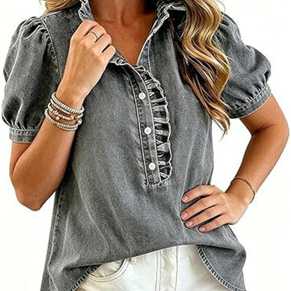 Women's Ruffle Collar Denim Top