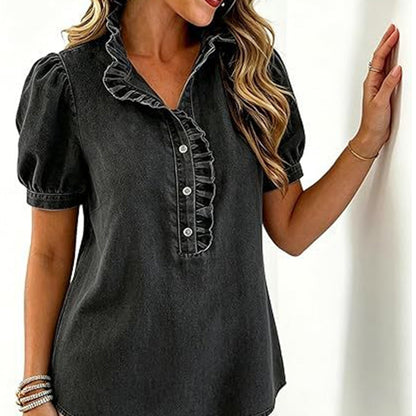 Women's Ruffle Collar Denim Top