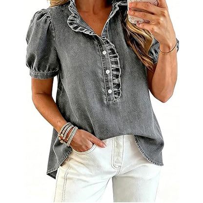 Women's Ruffle Collar Denim Top
