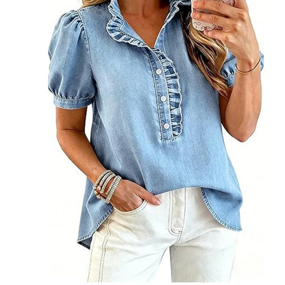 Women's Ruffle Collar Denim Top