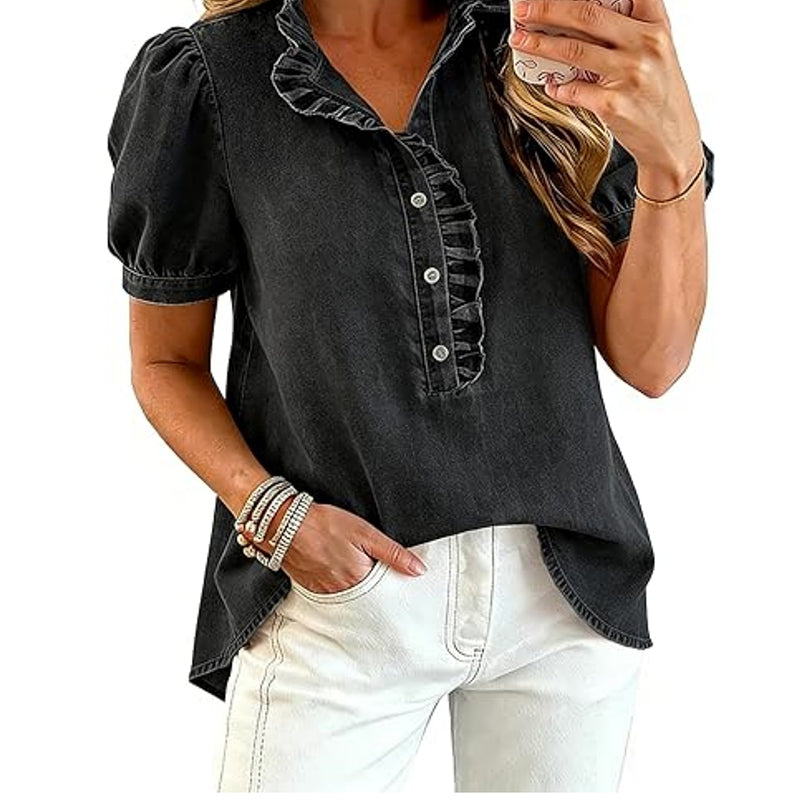 Women's Ruffle Collar Denim Top