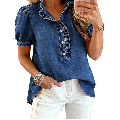 Women's Ruffle Collar Denim Top