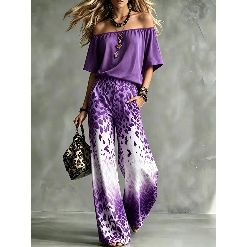 Women's Off-Shoulder Gradient Leopard 2-Piece Outfit