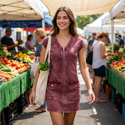 Women's Casual Short Sleeve Zipper Dress