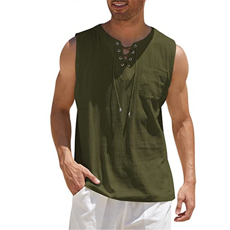 Men's Casual Sleeveless Lace-Up Tank Top