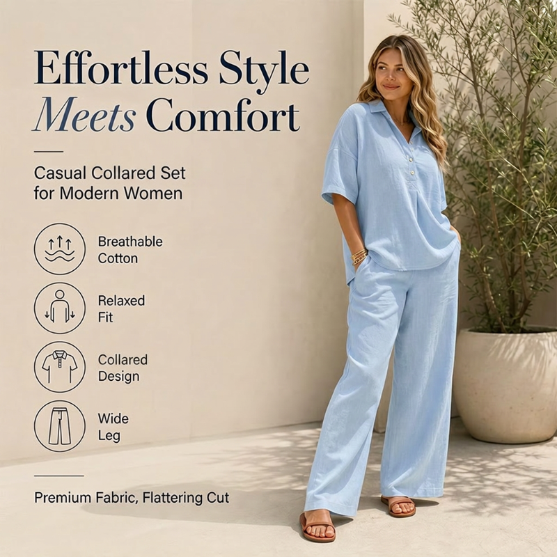 👗Women's Button-Up Top & Wide-Leg Pants Set– Chic Two-Piece Outfit ✨