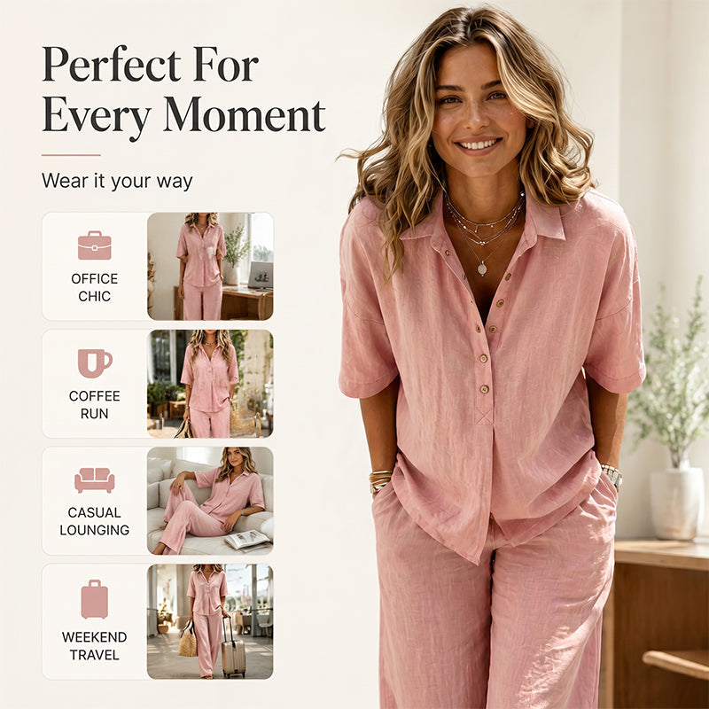 👗Women's Button-Up Top & Wide-Leg Pants Set– Chic Two-Piece Outfit ✨