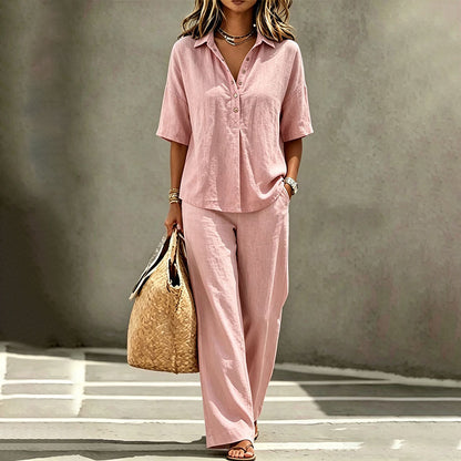 👗Women's Button-Up Top & Wide-Leg Pants Set– Chic Two-Piece Outfit ✨