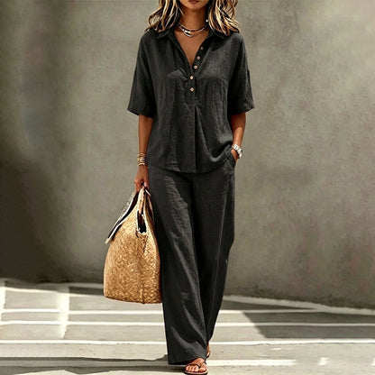 👗Women's Button-Up Top & Wide-Leg Pants Set– Chic Two-Piece Outfit ✨