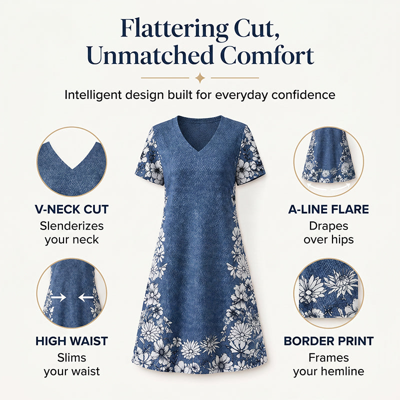 Women's V-Neck Denim Print Dress