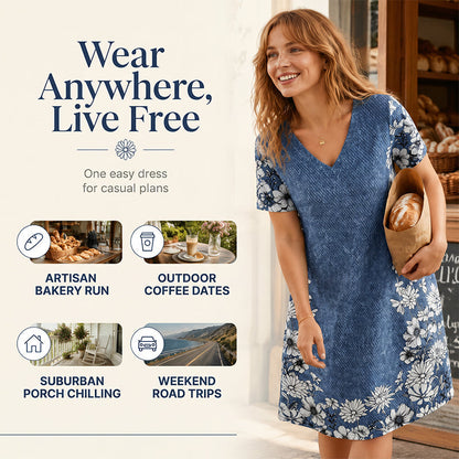 Women's V-Neck Denim Print Dress