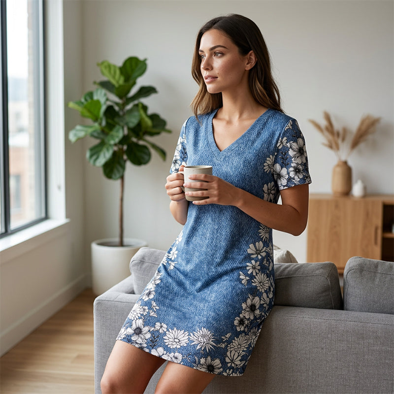 Women's V-Neck Denim Print Dress