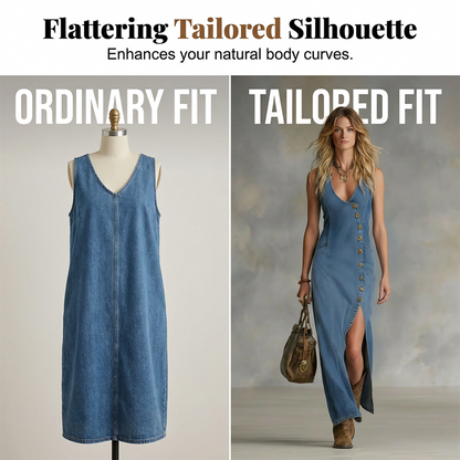 Sleeveless V-Neck Button-Front Denim Maxi Dress