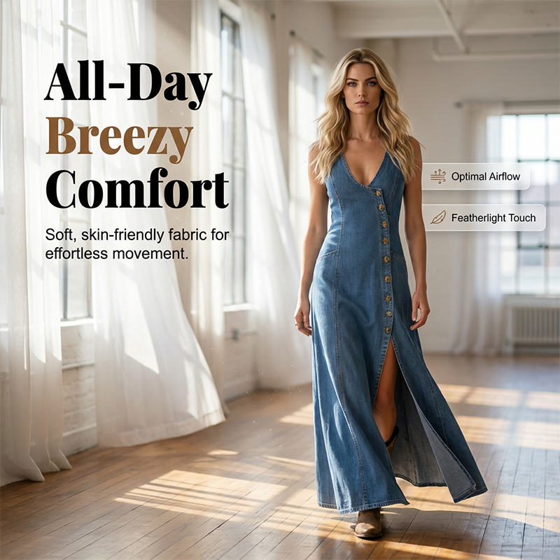 Sleeveless V-Neck Button-Front Denim Maxi Dress