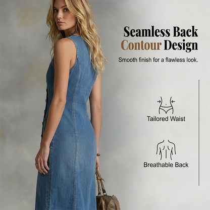 Sleeveless V-Neck Button-Front Denim Maxi Dress