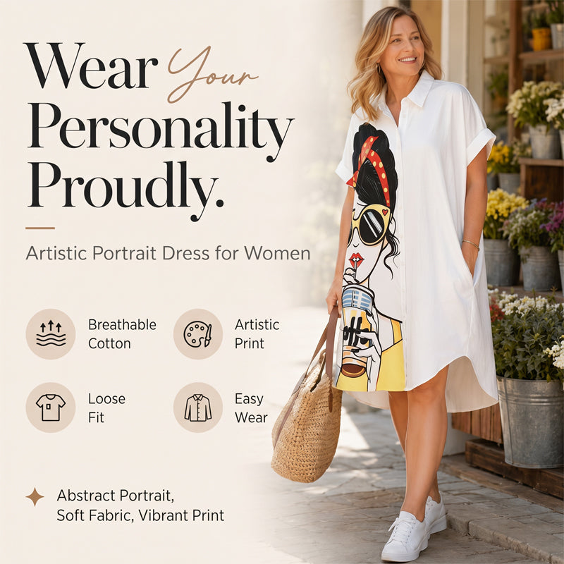 Women's Artistic Portrait Printed Shirt Dress