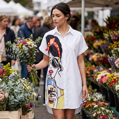 Women's Artistic Portrait Printed Shirt Dress