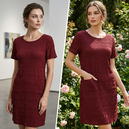 Women's Round Neck Textured Knee-Length Dress