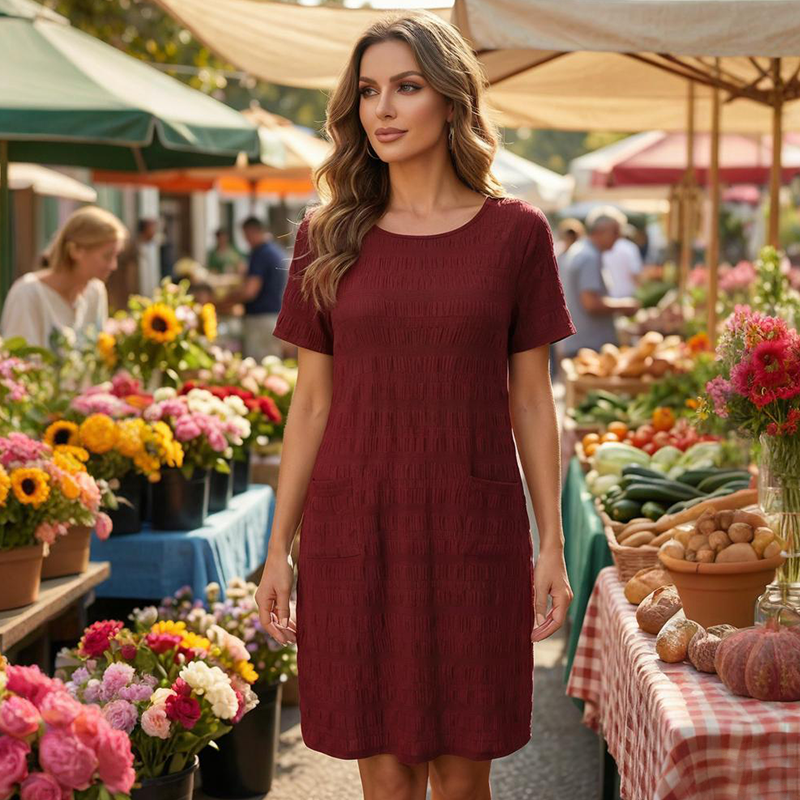 Women's Round Neck Textured Knee-Length Dress