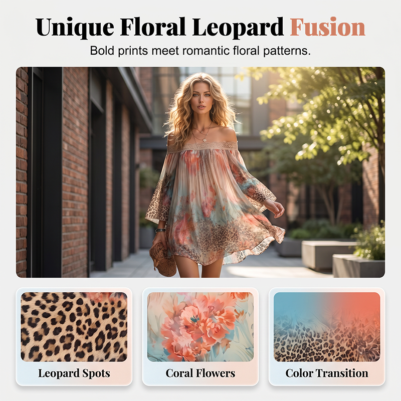 Women’s Off-Shoulder Floral Leopard Print Mini Dress