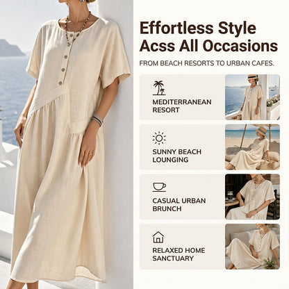 Women's Button-Front Short Sleeve Maxi Dress