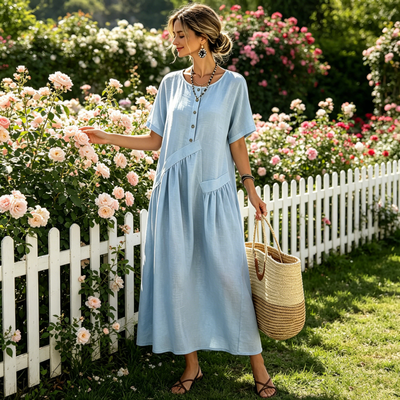 Women's Button-Front Short Sleeve Maxi Dress